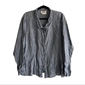 FLAX Linen Oversized Button Front Blouse Blue L